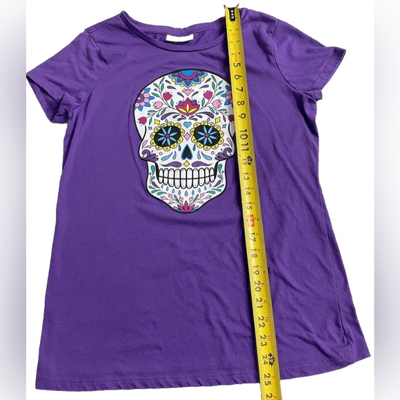 Purple Sugar Skull Graphic Tee Bobbie Brooks Medium Day of the Dead - Picture 8 of 9
